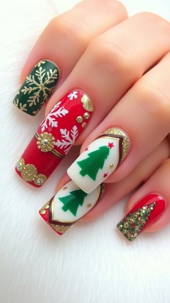 Elegant Square Christmas Nail Designs Elegant square Christmas nails with red, green, and gold designs, featuring snowflakes and glitter.